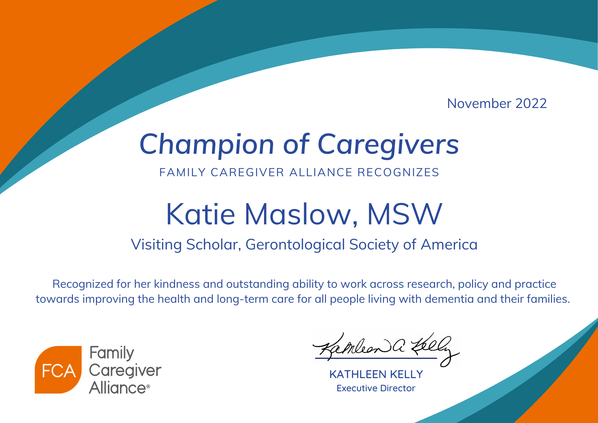 Certificate for Katie Maslow