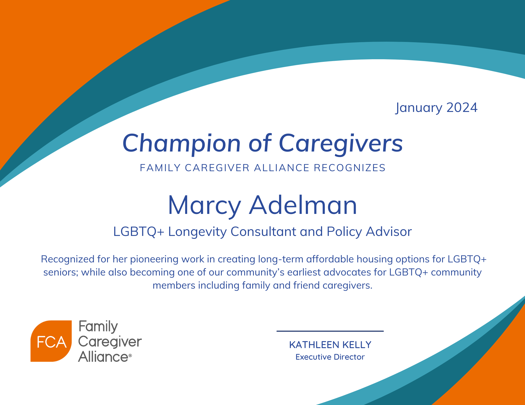 Champions of Caregivers certificate for Marcy Adelman