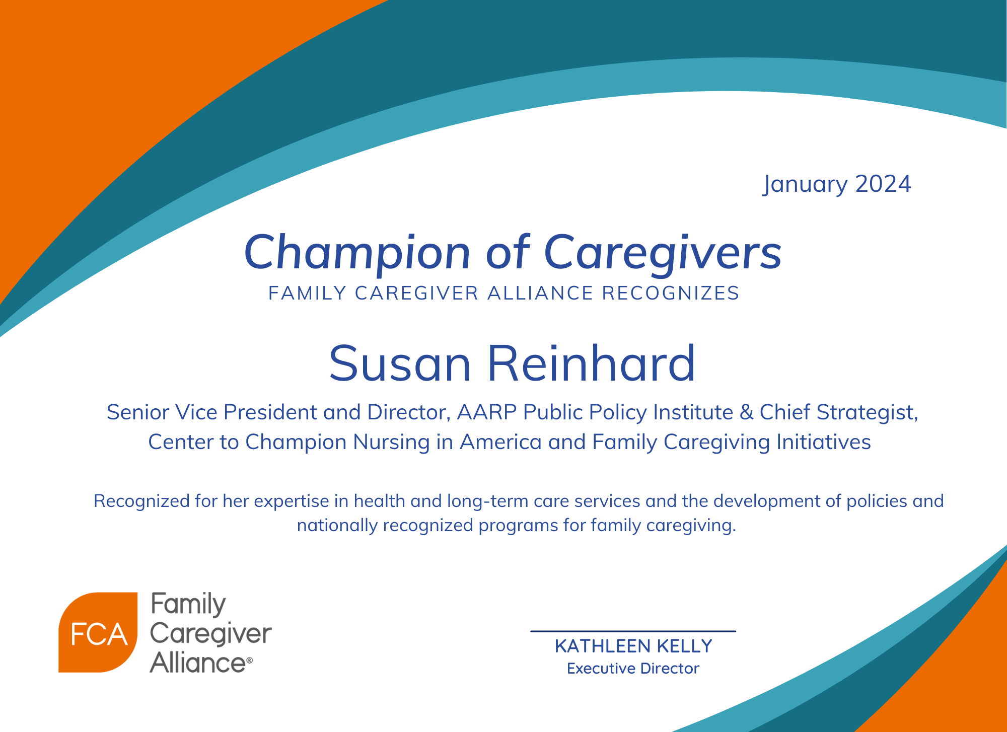 Champions of Caregivers 2023 certificate for Susan Reinhard
